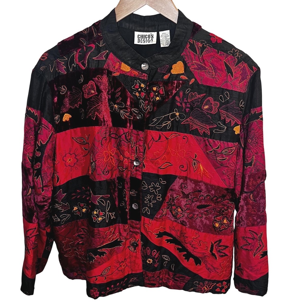 Chicos Patchwork Artsy Jacket Womens Size XL Embroidered Silk Velvet Boho